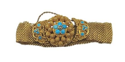 Goldarmband im Bandstil mit Türkis-Cabochons verzi