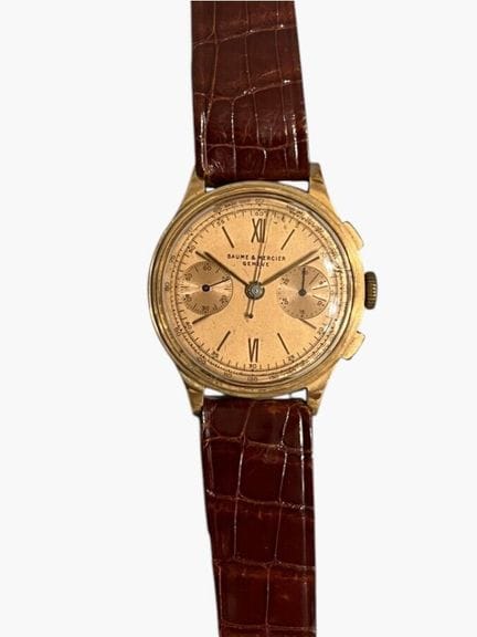 BAUME et MERCIER 双计时盘计时码表，约1950年产，圆形金表壳，以当时的标准而言尺寸