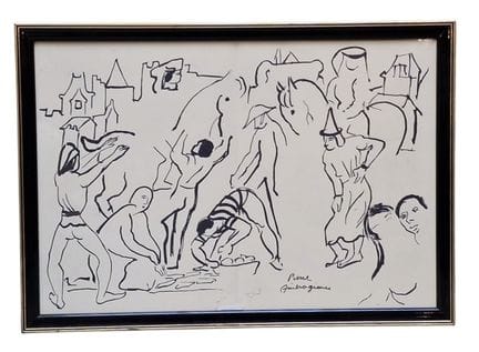 皮埃尔·安布罗吉亚尼（1907-1985），素描，钢笔与黑墨水画，右下角署名，装裱于黑色漆面玻璃框内