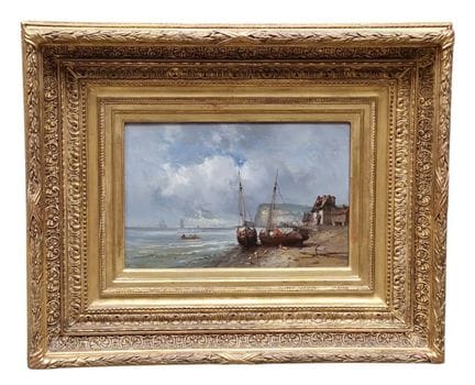托尼-弗朗索瓦·德·贝尔格（1820-1890）《海滩上的船只》 木板油画，左下角有签名，画面尺寸：