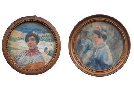 亨利·阿希尔·ZO（1873-1933）《持扇女子》与《身着传统服饰的女子肖像》 两幅圆形水粉水彩画