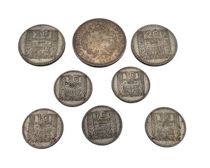 Lot de pièces en argent démonétisées comprenant 5 