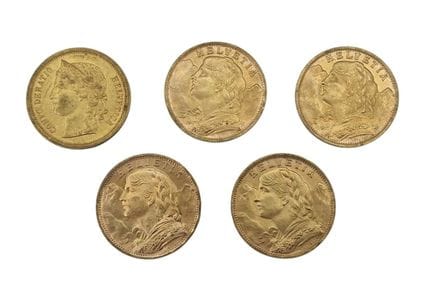 Set of 5 Swiss 20F Helvetia gold coins, Weight: 32