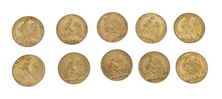 10 20F gold coins (Rooster design) Weight: 64.60 g