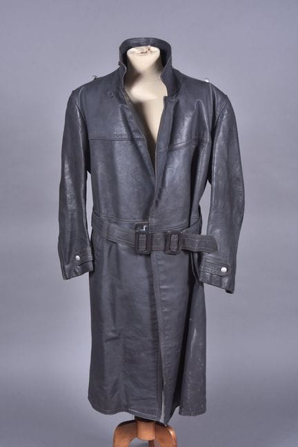 Bluish leather coat with original belt. GOOD CONDI