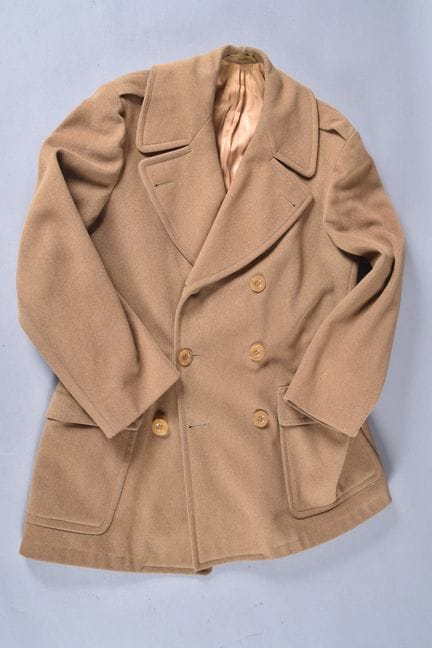 US—Mustard-colored wool ¾-length officer's coat. L