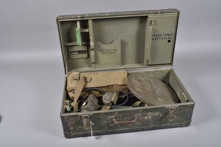 US - SCR 625-C Mine Detector. In its khaki wooden 