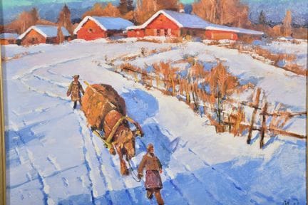 20世纪俄罗斯画派。“雪景与农夫及挽马”。20世纪。布面油画。右下角标有“MR”字母缩写。背面签名难