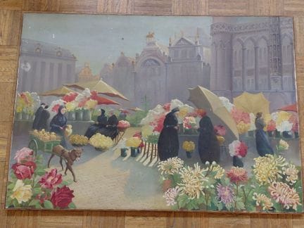 雷蒙德·德巴耶尔（Raymond DEBAYLE），20世纪画派。作品名为《布鲁塞尔花市》，油画布面