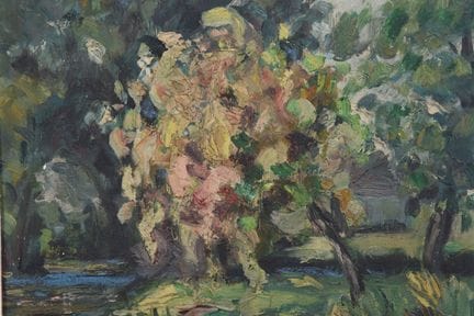 吕西安·德穆日（Lucien DEMOUGE，1923-2002），《阳光下的树木风景》。木板油画。