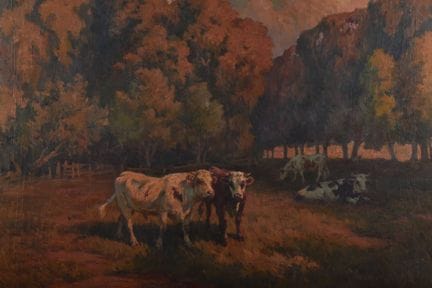 奥诺雷-胡格尔（1880-1944 年）。"大型油画，描绘草地上的奶牛，右下方有签名，正面中央标有 