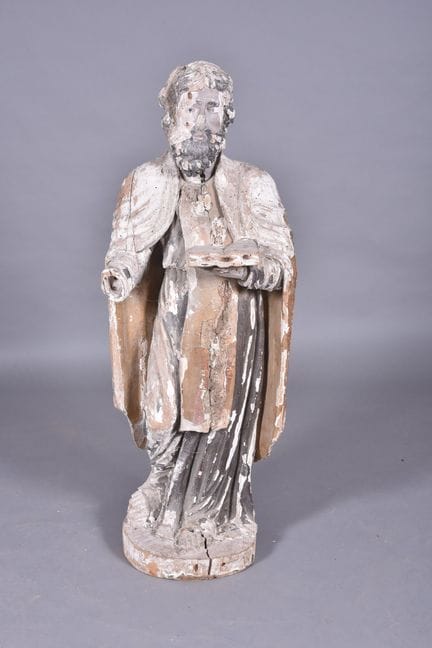 Skulptur einer Heiligenfigur aus geschnitztem, pol