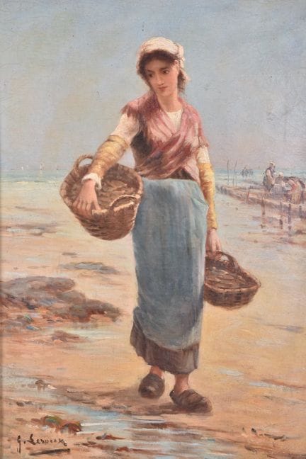 G.勒鲁，十九至二十世纪画派。"Pêcheuse de crevettes à marée bass