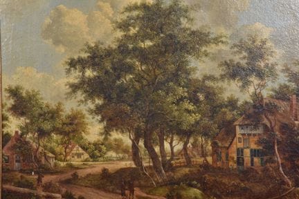 19世纪画派作品，风格仿效17世纪佛兰德画派。“生机勃勃的乡村风景”。布面油画。画心尺寸52x62厘