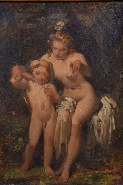19世纪画派作品，《狄安娜与丘比特》。布面油画。25×19厘米（画框）。装裱于木框内，饰有镀金灰泥（