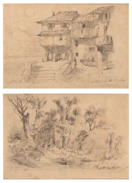 意大利画派，19世纪——《带人物的农舍景观》；风景画

一对，纸本粉笔画
每幅150×220毫米
两