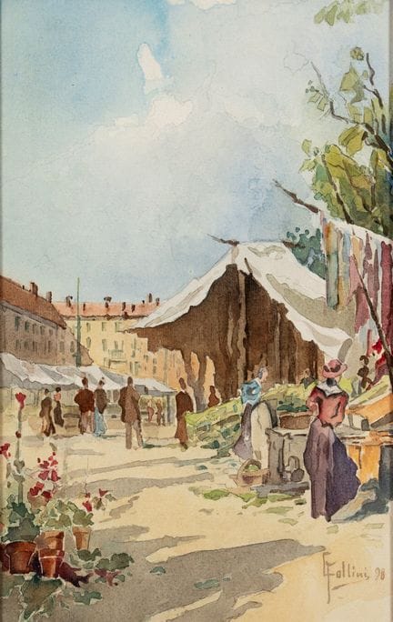 卡洛·福利尼（多莫多索拉 1848年—佩格利 1938年）  - 《集市场景》，1898年

水彩画