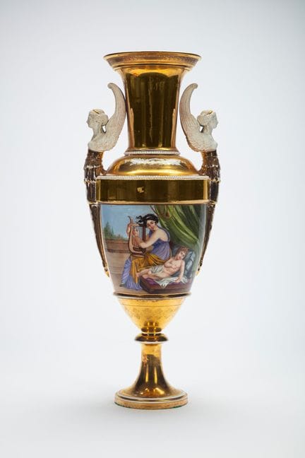 Large two-handled porcelain vase with a gold groun