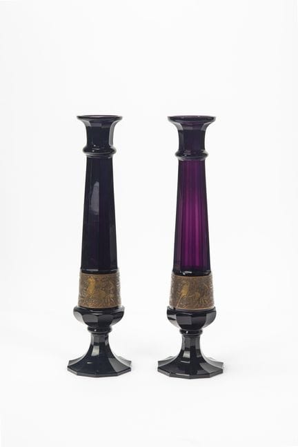 Pair of faceted amethyst glass vases. Bohemia, lat