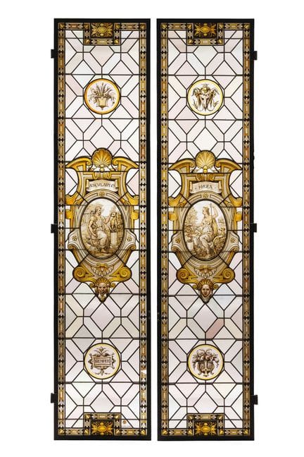 Pair of stained glass windows painted with Aescula