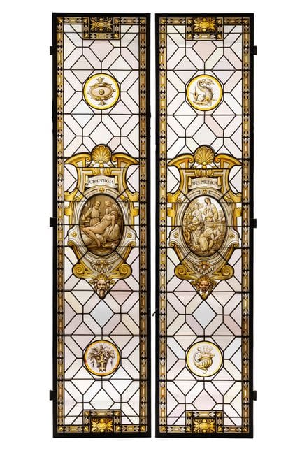 Pair of stained glass windows painted with Allegor