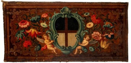 Panel heráldico decorativo pintado sobre cuero. Si