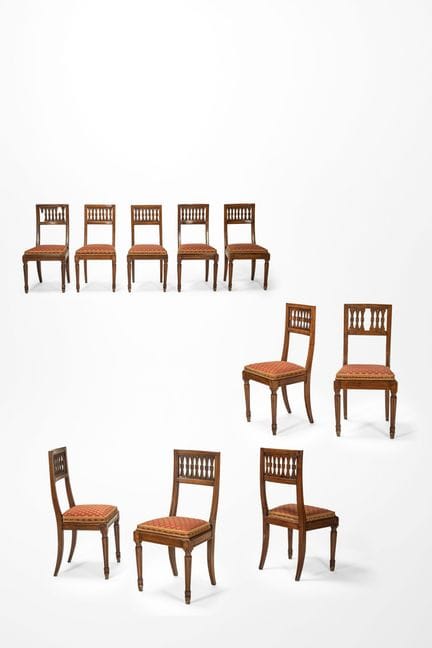 Set of ten wooden chairs with perforated and carve