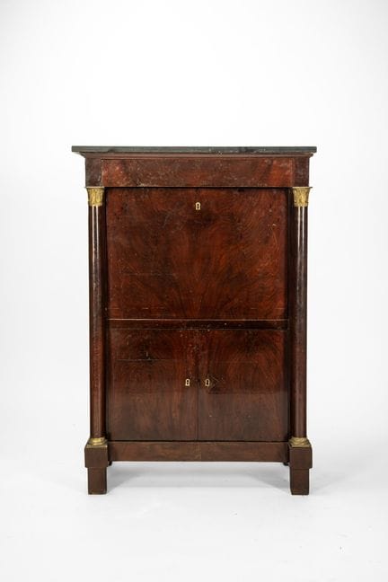 Mahogany-veneered secretary desk with a marble top
