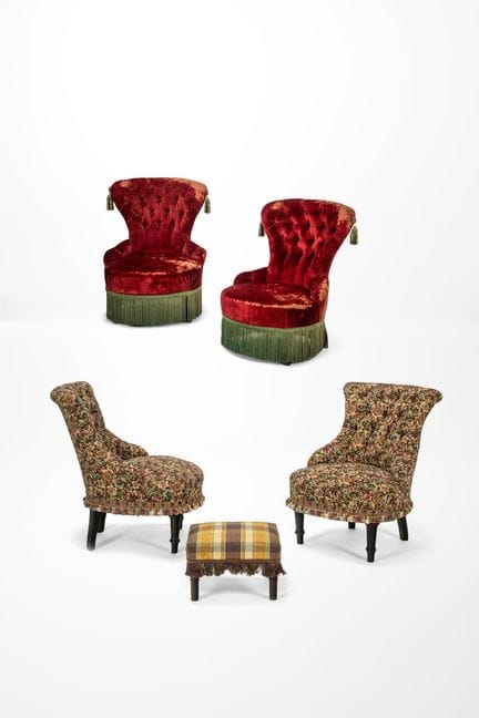 Two pairs of armchairs and a footstool. Late 19th-