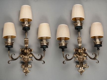 Pair of three-light silver metal wall lamps with a