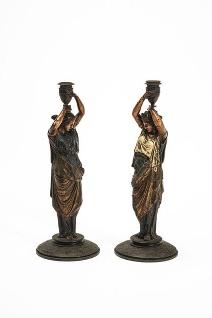 Pair of lacquered metal candlesticks with stems sh