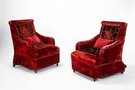 Pair of high-backed armchairs upholstered in red v