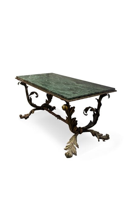 Table with a green marble top and metal frame. 

H