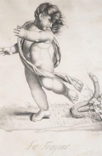 LEROY (XIXe), "La frayeur", dessin à la pierre noi