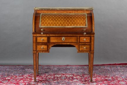 Cylindrical writing desk with marquetry set within