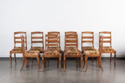 Set of ten mahogany chairs, with slatted backs, cu
