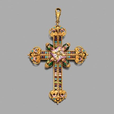 Croix-pendentif 
en fils d'or 18K (750) à décor d'