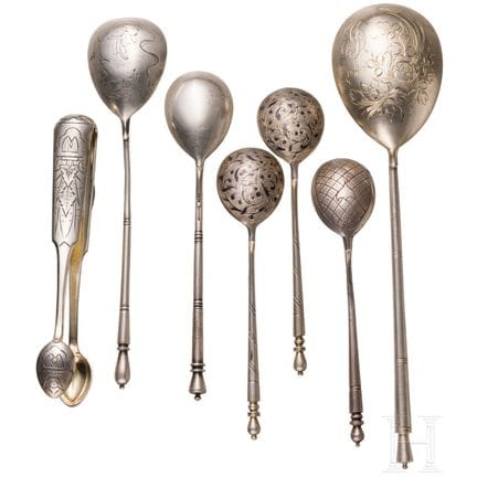 A silver sugar tongs and six spoons, Russia, 1865-