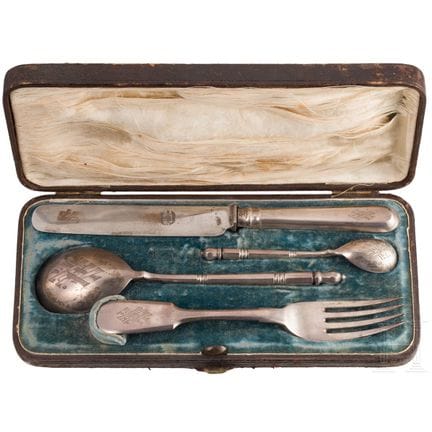 A Russian five piece silver set with case, St. Pet