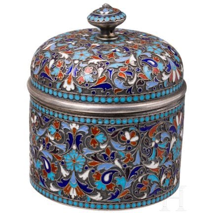 A silver and cloisonné enamel lidded tin, Russia, 