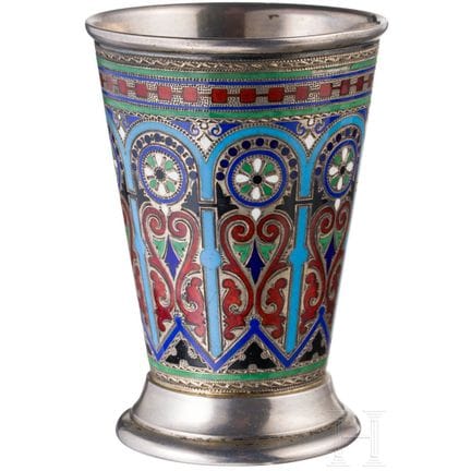 A silver and champlevé enamel vodka beaker, Russia