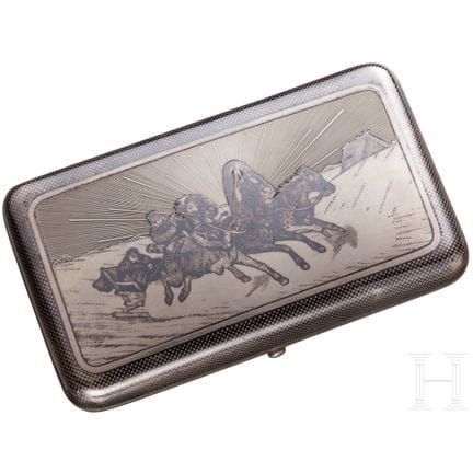 A silver and niello cigarette case with troika, Ru
