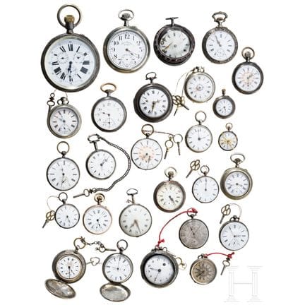27 orologi da tasca placcati e in argento, molti c
