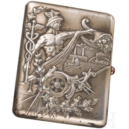 A silver cigarette case showing Hermes, Russia, Mo