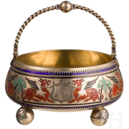 A silver-gilt and champlevé enamel sugar bowl, Rus