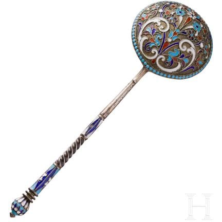 A large silver and cloisonné-enamel spoon, Russia,