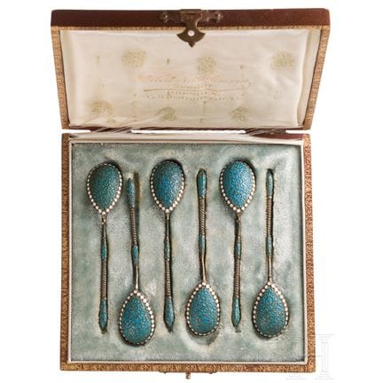 Six silver partial-gilt and cloisonné enamel spoon
