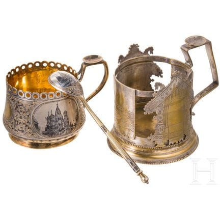 A silver and niello tea glass holder and spoon wit