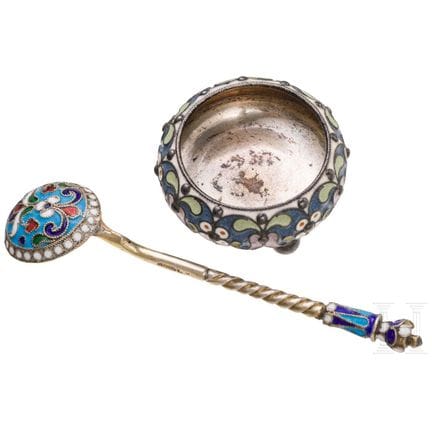 A silver and cloisonné enamel salt cellar and a sp