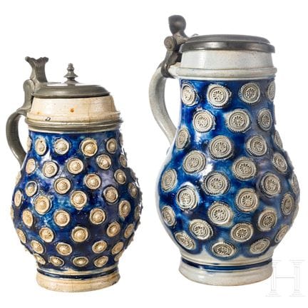 Due brocche in gres smaltato, Westerwald, 1700 cir